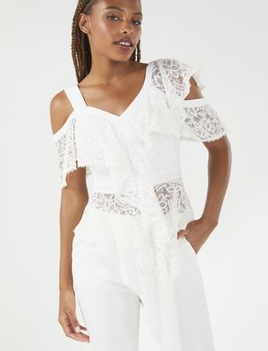 Blusa Asimétrica Cold Shoulder de Encaje