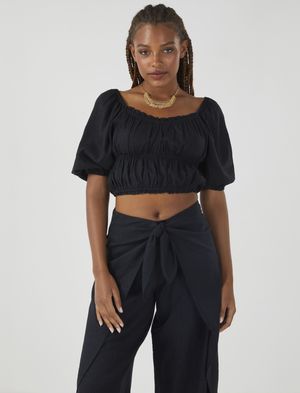 Crop Top Fruncido con Mangas Abullonadas