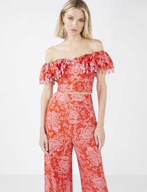 Crop Top Floral Hombros Descubiertos Margot con Pompón