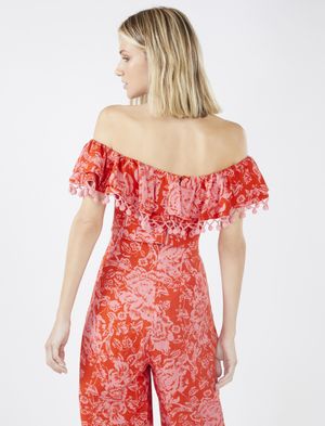 Crop Top Floral Hombros Descubiertos Margot con Pompón