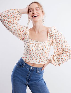 Blusa Manga Larga Abullonada Floral