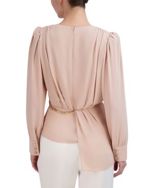 Blusa Manga Larga con Pliegues Peplum y Cadena