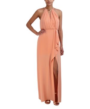 Vestido Largo Efecto Cruzado Halter Metálico