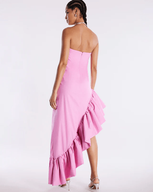 Vestido Midi Strapless Asimétrico