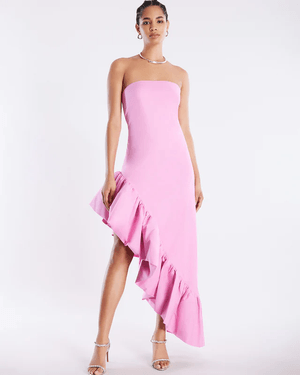 Vestido Midi Strapless Asimétrico