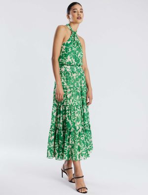 VESTIDO MIDI HALTER ESTAMPADO HOJAS FLORAL