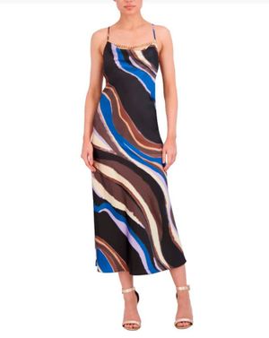 VESTIDO MIDI SATINADO ESCOTE DESBOCADO ESTAMPADO ABSTRACTO