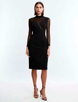 VESTIDO MIDI CUELLO ALTO MANGA LARGA DE ENCAJE