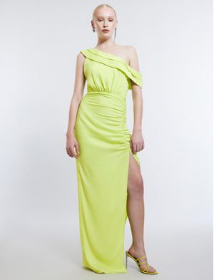 VESTIDO LARGO ASIMÉTRICO CON PLIEGUES SATINADO