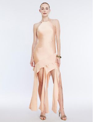 VESTIDO LARGO SATINADO CON FLECOS
