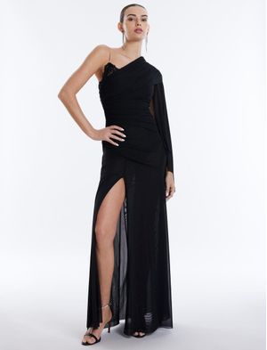 VESTIDO LARGO ASIMÉTRICO DE MESH CON ABERTURA