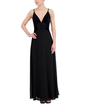 VESTIDO LARGO DE TERCIOPELO CON CHIFFON Y APLIQUE FLORAL