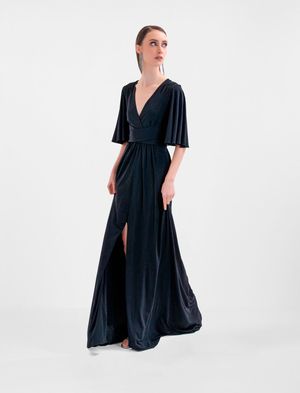 VESTIDO LARGO EFECTO CRUZADO CON ABERTURA Y LAZO EN CINTURA
