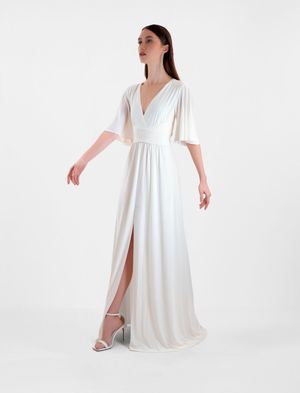 VESTIDO LARGO EFECTO CRUZADO CON ABERTURA Y LAZO EN CINTURA