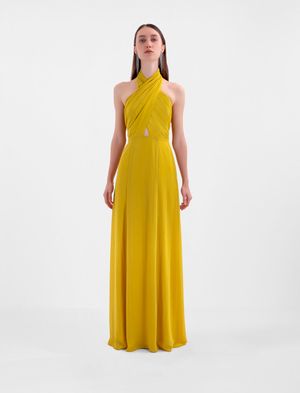 VESTIDO LARGO HALTER CRUZADO DRAPEADO CHIFFON