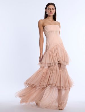 VESTIDO LARGO BUSTIER FALDA ESCALONADA TUL