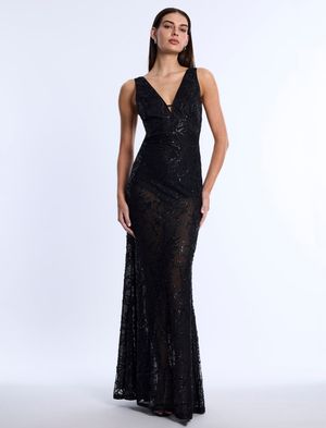 VESTIDO LARGO ESCOTE EN V LENTEJUELAS