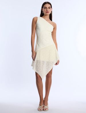 VESTIDO CORTO ASIMÉTRICO ENCAJE FLORAL RAYAS