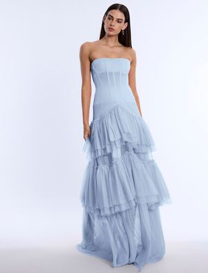 VESTIDO LARGO BUSTIER FALDA ESCALONADA TUL