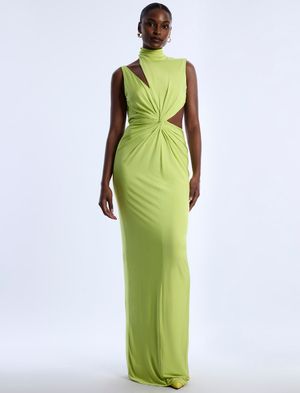 VESTIDO LARGO ASIMÉTRICO DRAPEADO CUELLO ALTO