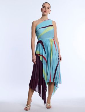 VESTIDO MIDI PLISADO ESTAMPADO GEOMÉTRICO COLOR BLOCK