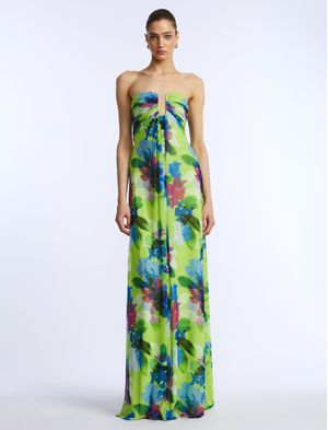 VESTIDO LARGO ESTAMPADO FLORAL ABSTRACTO CON PLIEGUES