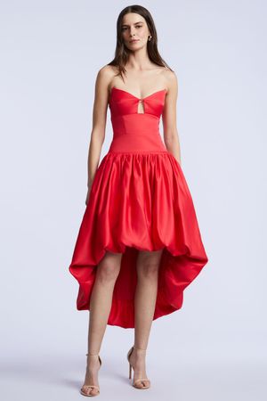 VESTIDO BUSTIER FALDA GLOBO HIGH AND LOW SATINADO