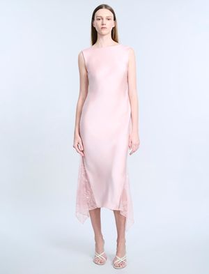 VESTIDO MIDI SATINADO CON ENCAJE ESPALDA DESBOCADA