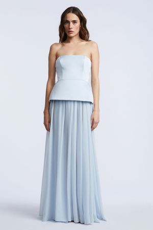 VESTIDO LARGO PEPLUM SATINADO FALDA PLISADA DE CHIFFON