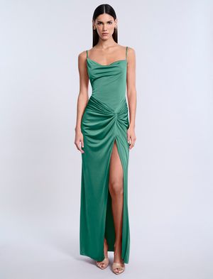 VESTIDO LARGO DRAPEADO SATINADO CON ABERTURA