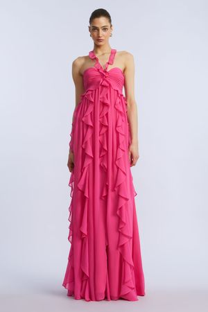 VESTIDO LARGO HALTER CHIFFON CON VOLANTES ESCALONADOS