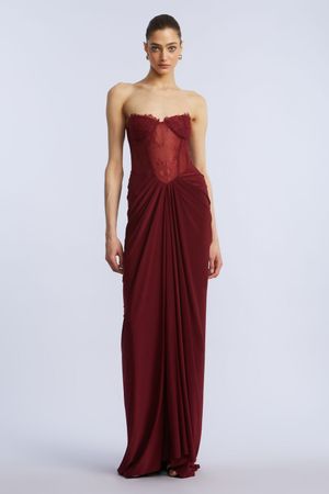 VESTIDO LARGO DRAPEADO BUSTIER ENCAJE FLORAL