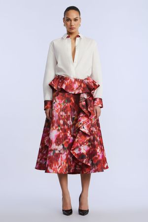 FALDA MIDI CON VOLANTE ESCALONADO ESTAMPADO FLORAL ABSTRACTO