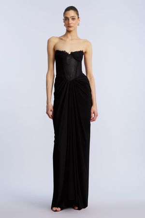 VESTIDO LARGO DRAPEADO BUSTIER ENCAJE FLORAL