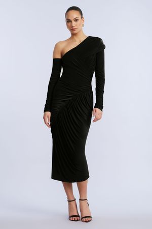 VESTIDO MIDI ASIMÉTRICO CON PLIEGUES DE TERCIOPELO