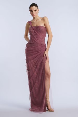 VESTIDO LARGO ASIMÉTRICO BISTIER DE ENCAJE Y TUL DRAPEADO RADIAL