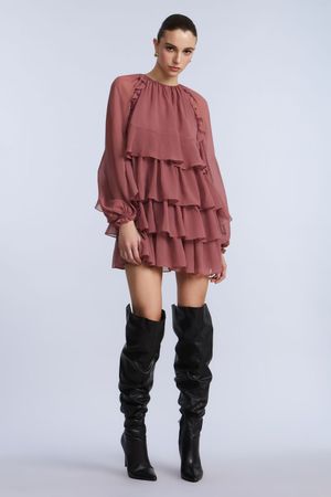 VESTIDO CORTO VOLANTES ESCALONADOS MANGA LARGA