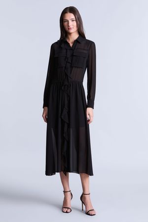 VESTIDO MIDI CAMISERO SAFARI CHIFFFON CON VOLANTES
