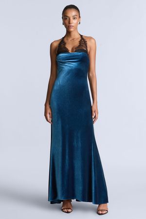 VESTIDO LARGO DE TERCIOPELO CON ENCAJE