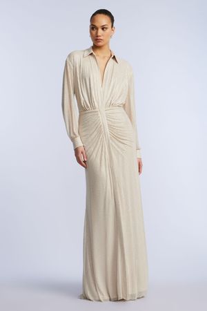 VESTIDO LARGO CAMISERO DRAPEADO CON PEDRERÍA