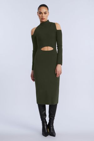 VESTIDO MIDI AJUSTADO CUTOUT COLD SHOULDER