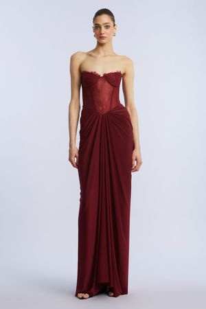 VESTIDO LARGO DRAPEADO BUSTIER ENCAJE FLORAL