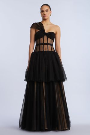 VESTIDO LARGO ASIMÉTRICO BUSTIER LUNARES CON FALDA DE TUL