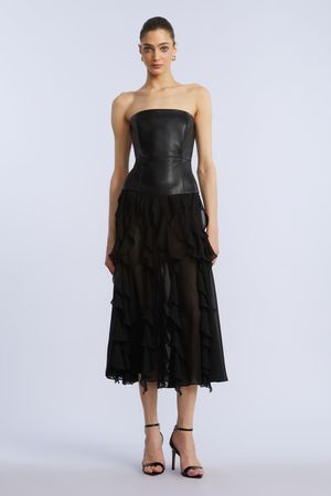 VESTIDO MIDI PIEL SINTÉTICA CON VOLANTES DE CHIFFON